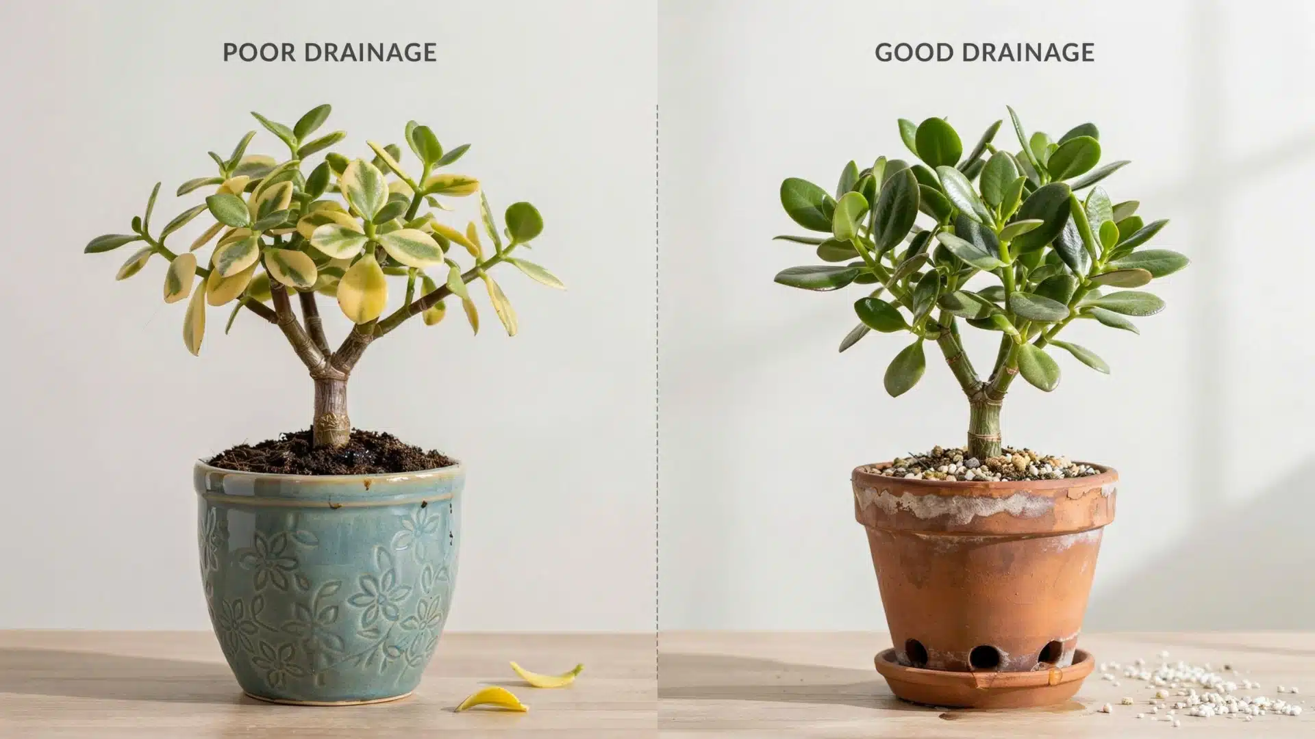 Potted plant in soil showing drainage issues that contribute to root and leaf problems.