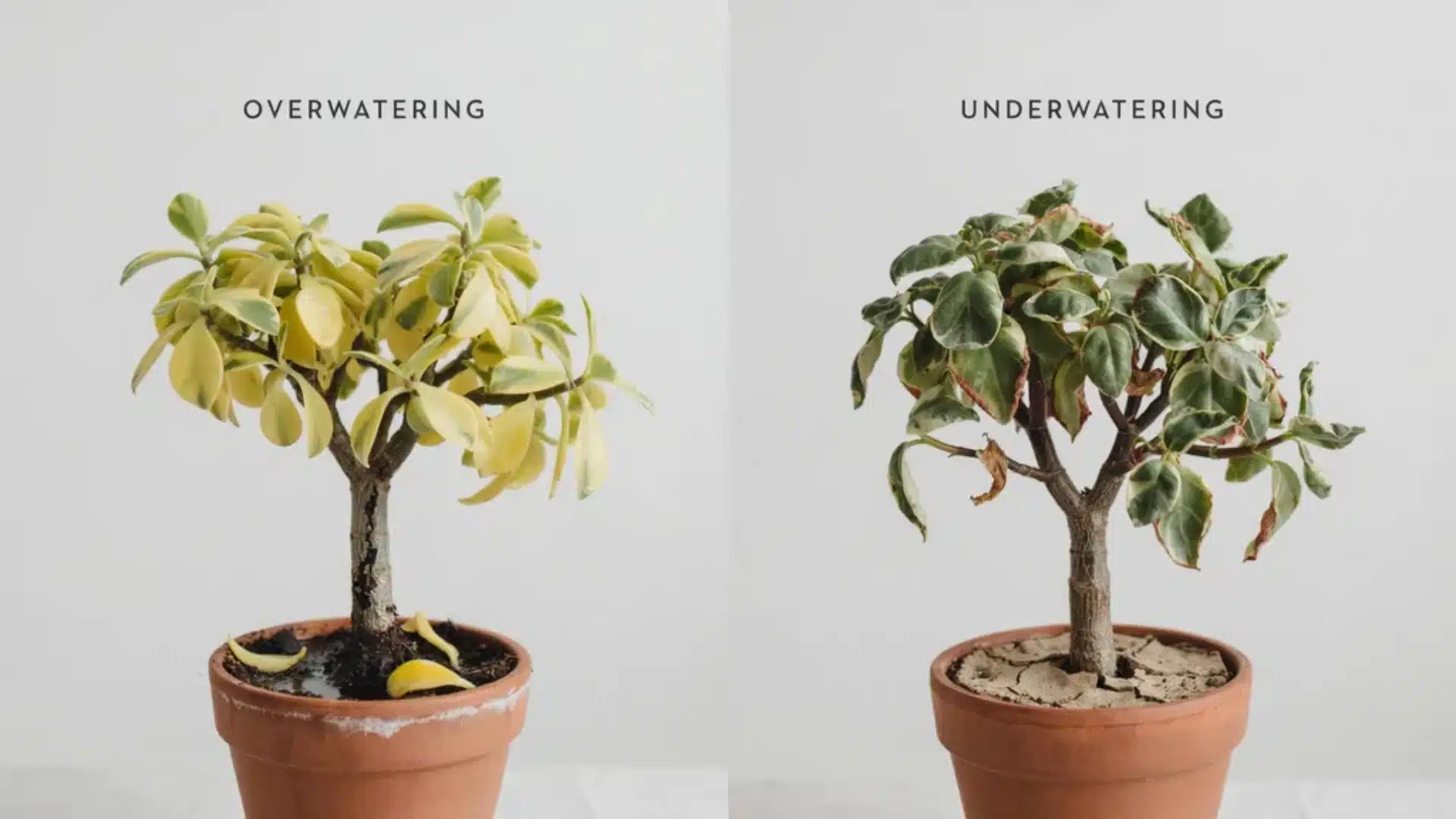 Side-by-side jade plants showing overwatering vs underwatering symptoms.
