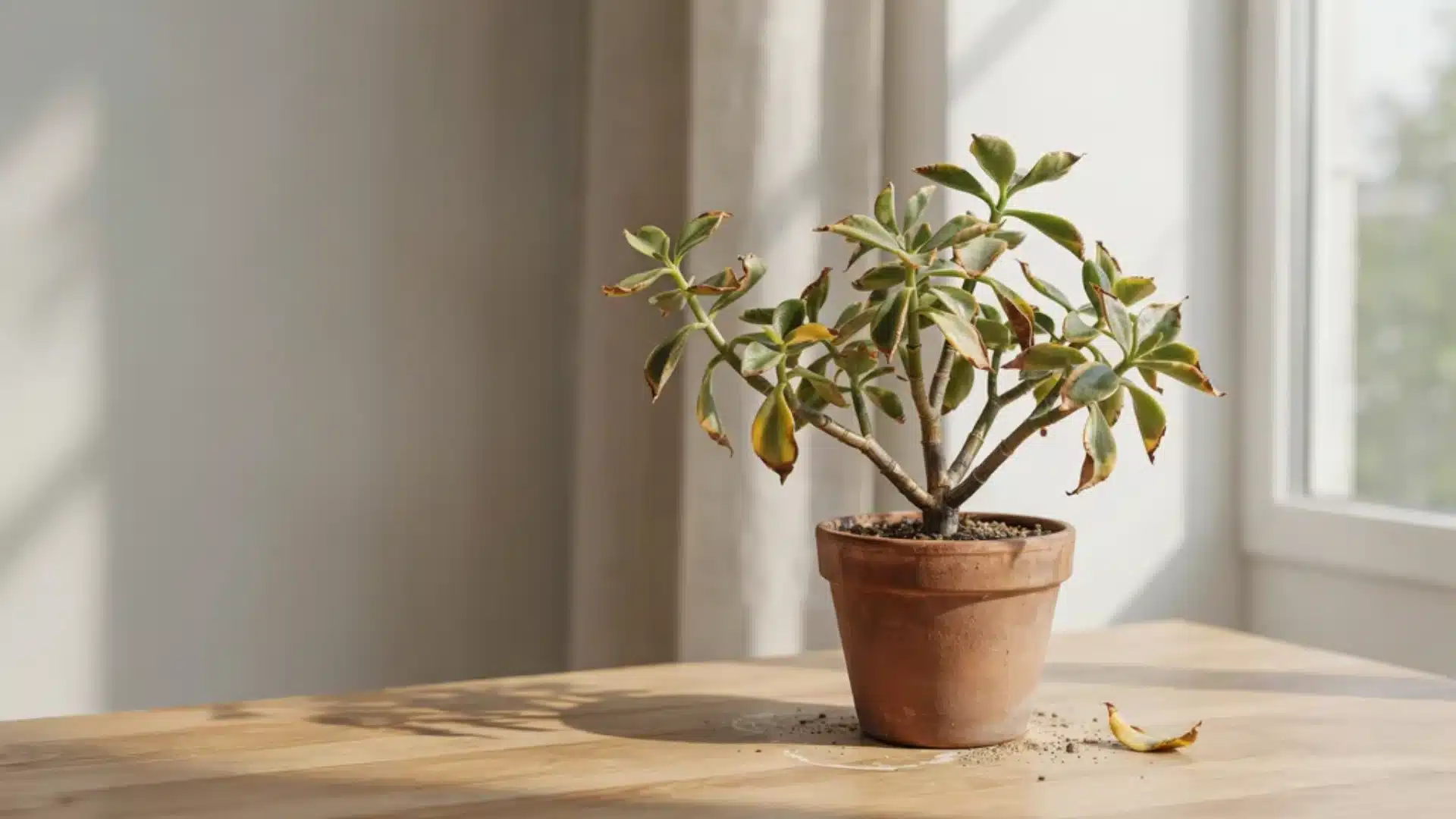 Jade plant with slightly drooping and dry leaves indicating underwatering stress.