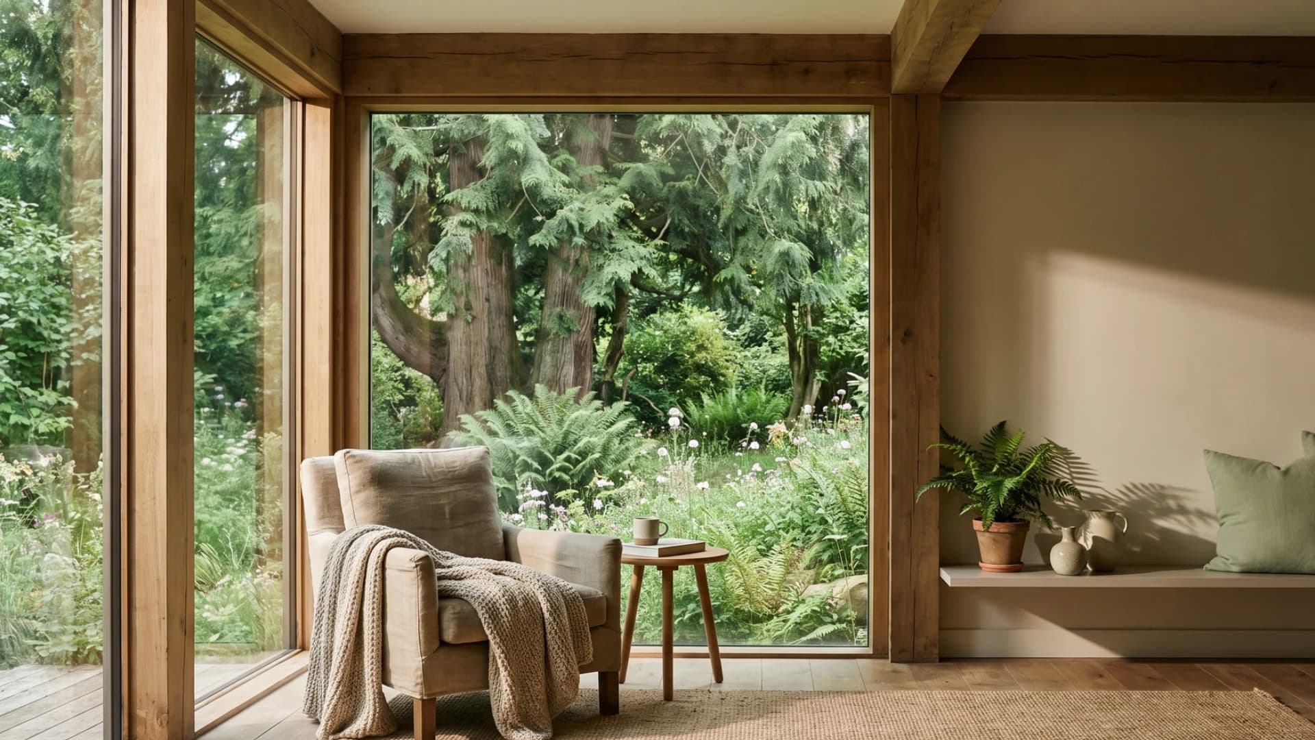 Sunlit reading nook with an armchair next to a floor-to-ceiling window overlooking a lush garden.