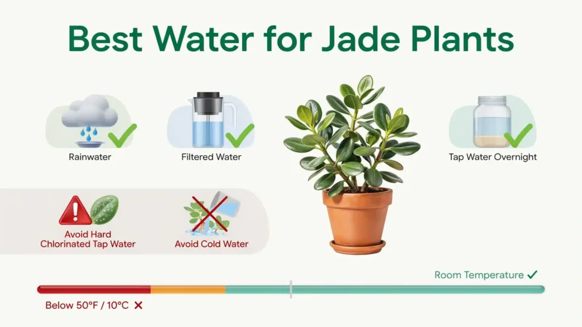 Infographic showing best water types for jade plants and what to avoid.